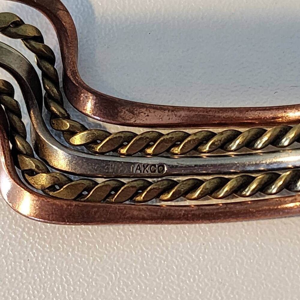 Vintage Taxco Tri Metal Wavy Cuff Bracelet Brass Silver Copper - Picture 8 of 8